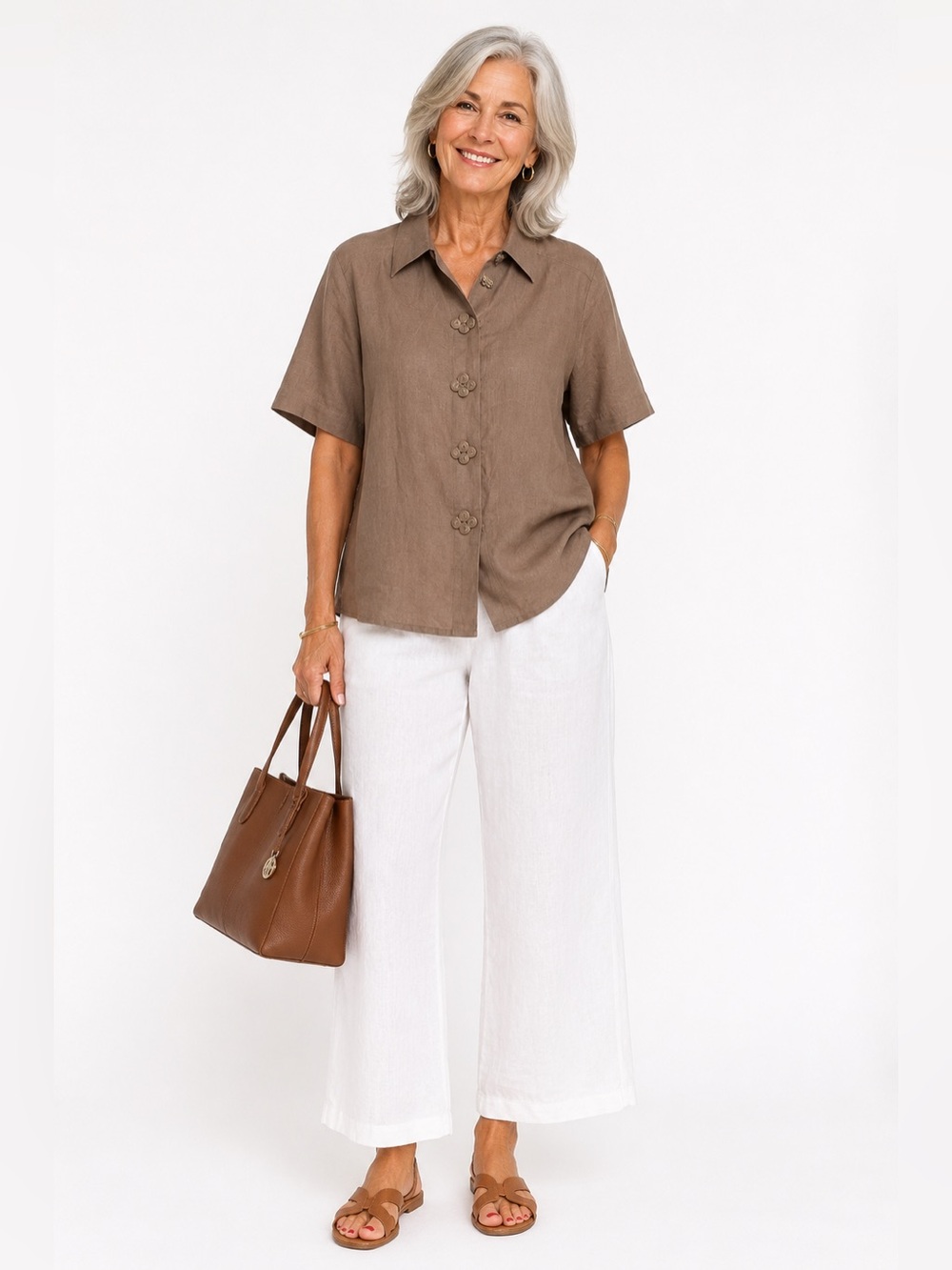 ICI 100% Linen Taupe Button Front Blouse | Size 12